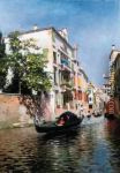A Venetian Canal On A Sunny Afternoon Oil Painting - Rubens Santoro