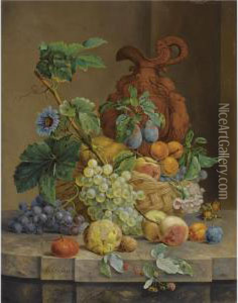 A Still Life With Fruit And Flowers Oil Painting - Anthony Oberman