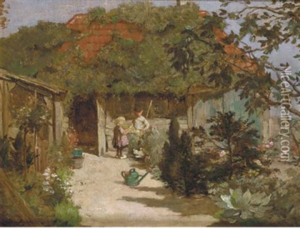 Tending To The Garden Oil Painting - Johannes Evert Hendrik Akkeringa