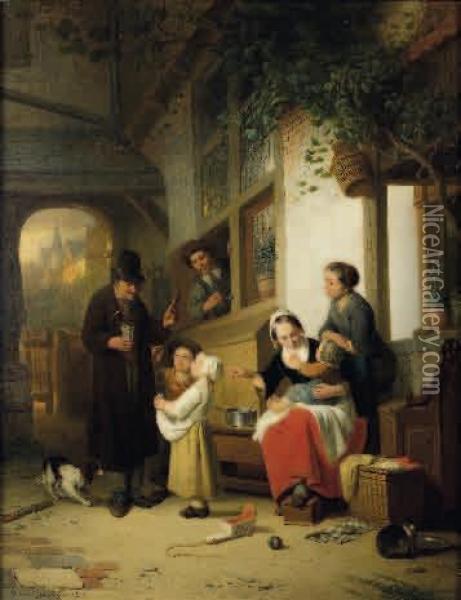 Famille Reunie Dans La Cour D'un Hotel Particulier Oil Painting - Adrien Ferdinand de Braekeleer
