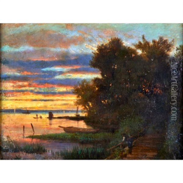 Riverscape At Sunset Oil Painting - Frederick Rondel