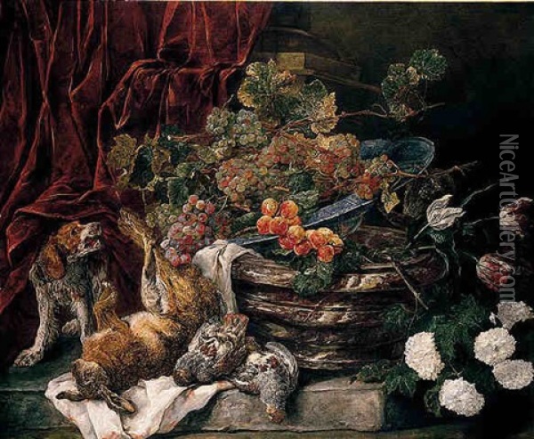 A Still Life Of Flowers, Fruit And Game With A Dog And A Monkey Oil Painting - Jan Fyt