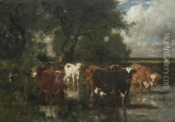 Watering Cows Oil Painting - Emile van Marcke de Lummen