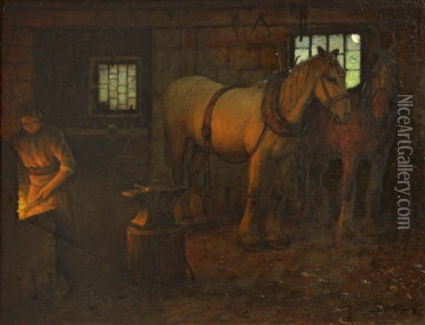 In The Blacksmith's Shop Oil Painting - William Barr