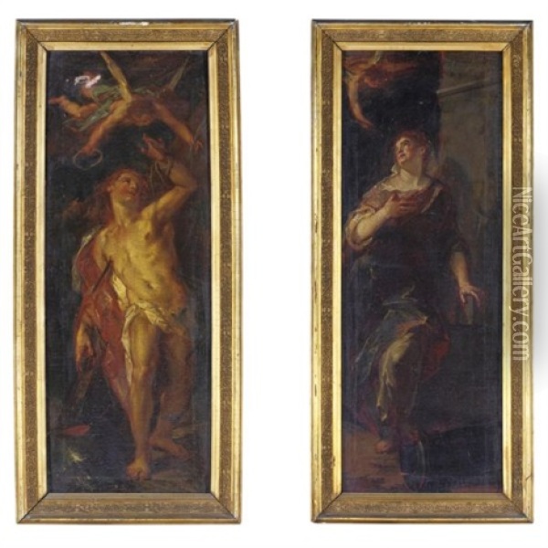 San Sebastiano (+ Santa Barbara; Pair) Oil Painting - Giuseppe Bazzani