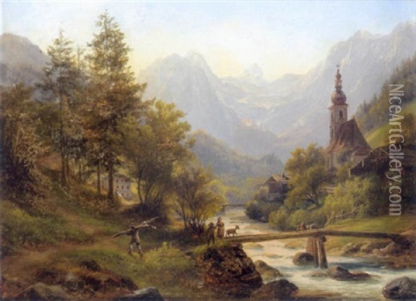 Blick Auf Die Ortskirche In Ramsau, Berchtesgaden Oil Painting - Anton Schiffer