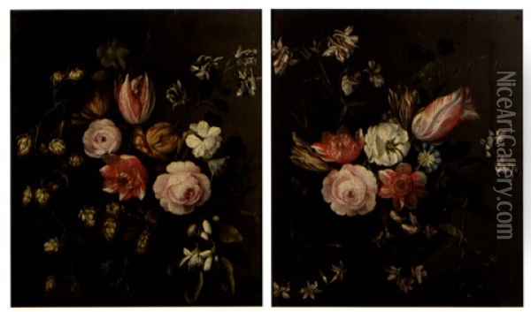 Bouquets De Fleurs Sur Un Entablement (pair) Oil Painting - Johann Martin Metz