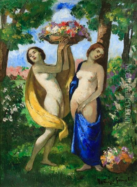 Two Nudes In A Landscape Oil Painting - Bela Ivanyi Grunwald