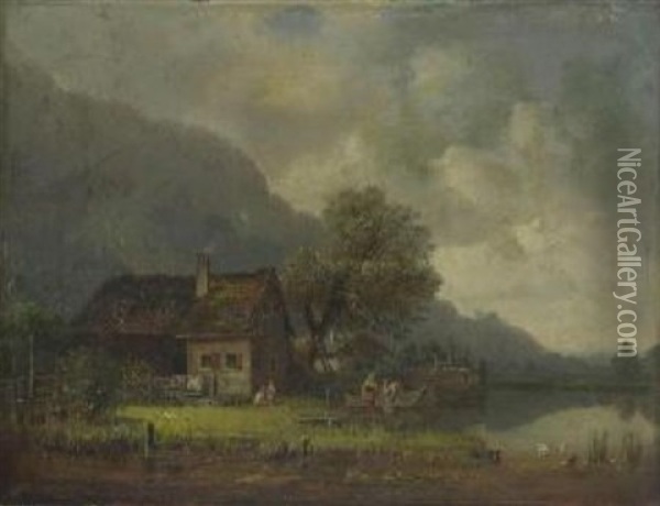 Gebirgssee Mit Fischerhausern Oil Painting - Heinrich Buerkel