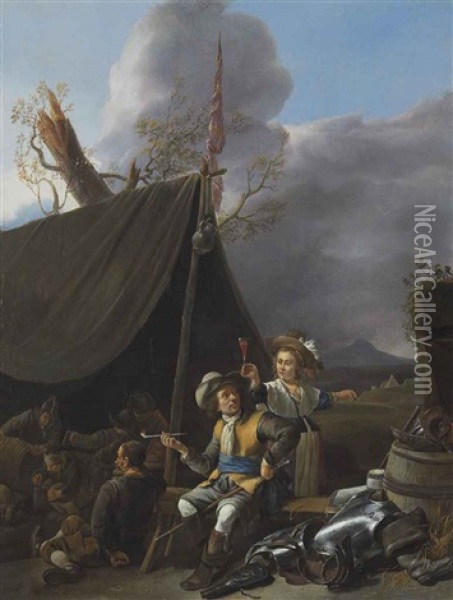 Soldiers Resting At Camp Oil Painting - Johannes Lingelbach