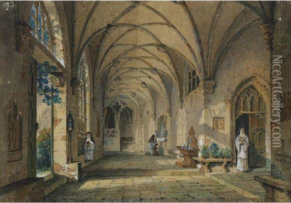 Interior View Of A Cloisters Oil Painting - Simon Quaglio
