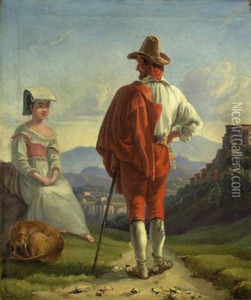 Begegnung (ein Italiener Und Eine Italienerin In Festtagskleidung) Oil Painting - Friedrich Johann C.E. Preller the Elder