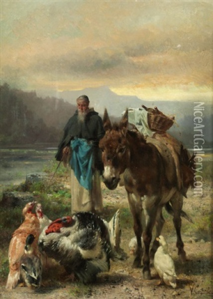 Monch Mit Einem Esel Beim Heimtrieb Von Federvieh Oil Painting - Vincenzo Caprile