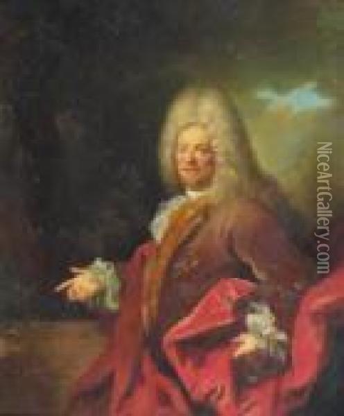 Portrait Of A Gentleman Wearing A Brown Coat And Red Cloak Oil Painting - Hyacinthe Rigaud
