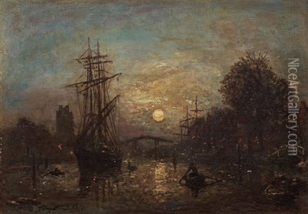 Bateaux Sur Le Canal De Dordrecht Oil Painting - Johan Barthold Jongkind
