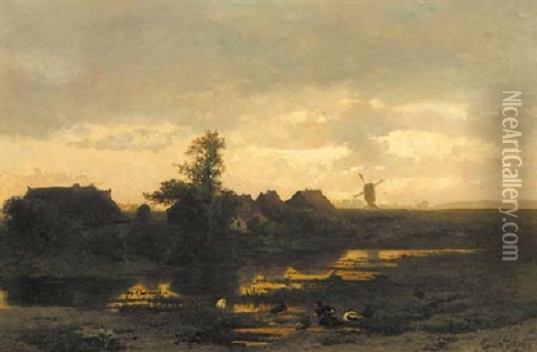 Avondlandschap: Farmhouses Along A Pool At Dusk And A Windmill In The Distance Oil Painting - Albertus Gerardus Bilders