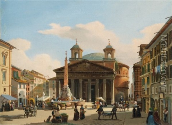 Vue Du Pantheon A Rome Oil Painting - Giuseppe Canella I