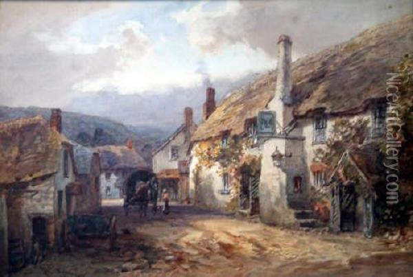 Village With Horsecart And Thatched Inn Signed 14.5 X 21in Oil Painting - Alfred Leymann