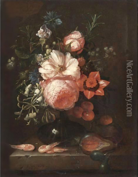 A Still Life With Roses, Honeysuckle, Other Flowers And Summer Fruits In A Glass Vase, Shrimps On The Stone Ledge Below Oil Painting - Joris Van Son
