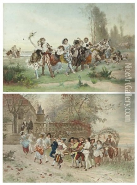 Farandole De Danseurs (+ Fete Villageoise; Pair) Oil Painting - Emile Antoine Bayard
