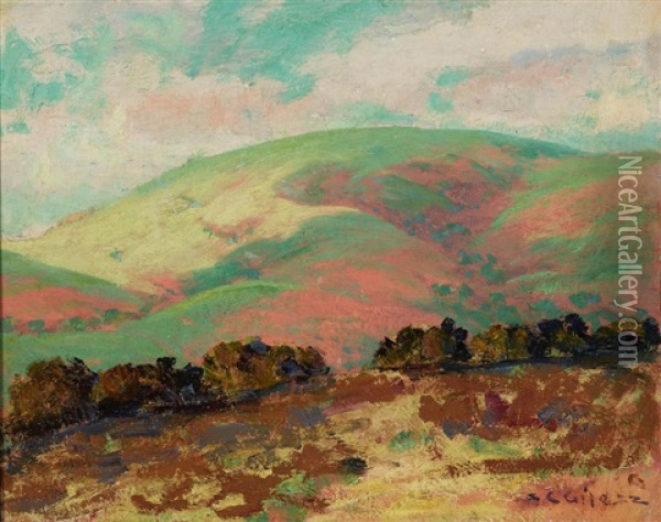 Untitled (green And Pink Hills) Oil Painting - Selden Connor Gile