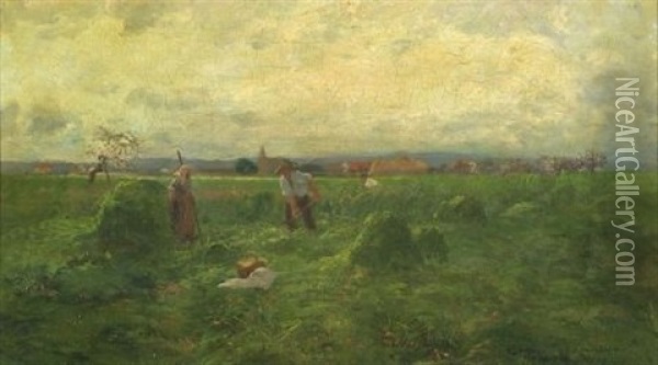 Peasant Workers, Barbizon Oil Painting - Carl Eugene Mulertt