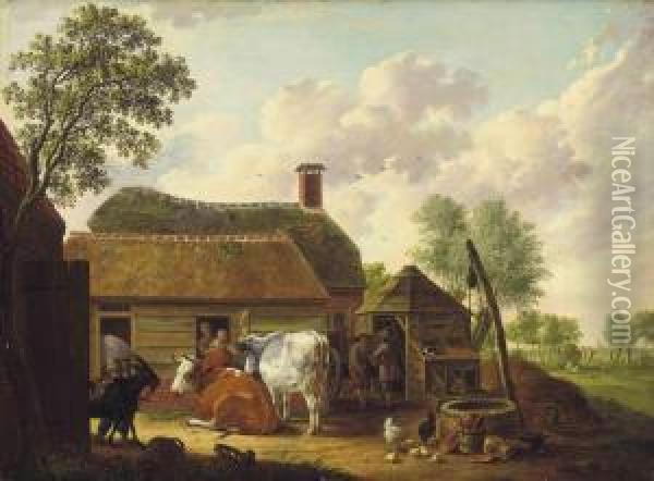 A Farm Scene With Peasants, Cattle, Chickens And A Goat Oil Painting - Hendrick Willelm Schweickhardt