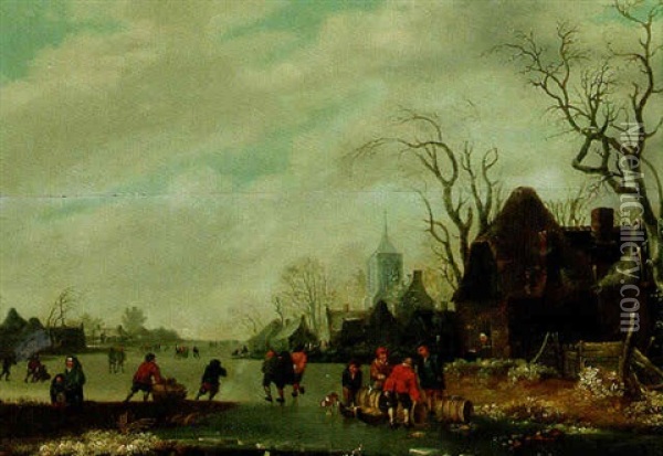 Peasants On A Frozen River By A Town Oil Painting - Nicolaes Molenaer