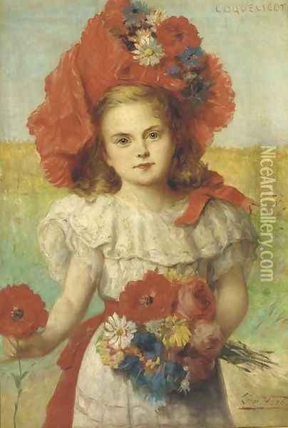 Coquelicot a young girl with poppies Oil Painting - Leon Herbo