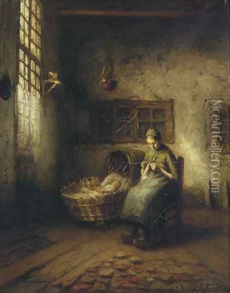 A mother and sleeping baby in a cot Oil Painting - Jac Shoeck
