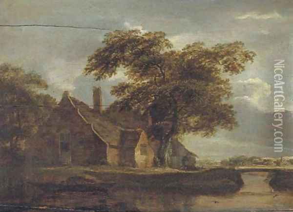 A landscape with a cottage and a traveller by a river Oil Painting - Meindert Hobbema