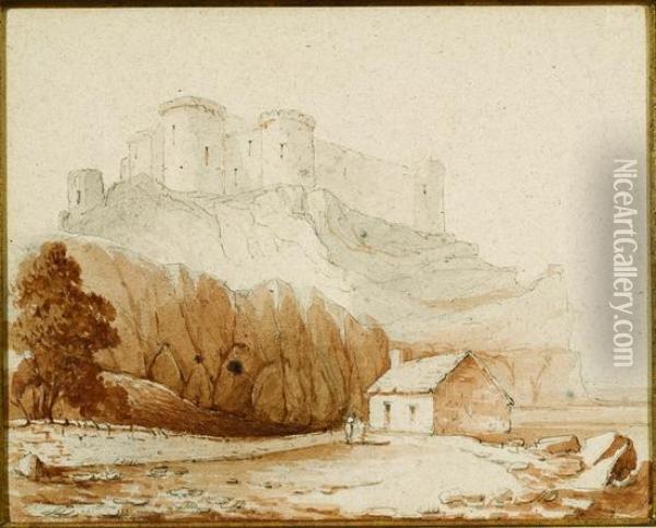 A Coastal View By A Castle Oil Painting - William Daniell RA