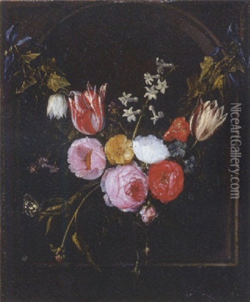 A Swag Of Roses, Tulips, An Anemone And Other Flowers With A Butterfly At A Feigned Stone Niche Oil Painting - Jan van Kessel the Elder