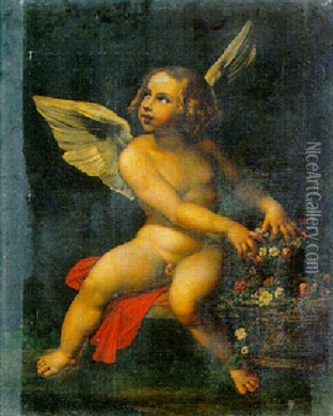 Angelo Con Fiori In Un Cesto Oil Painting - Cavaliere Giovanni Baglione