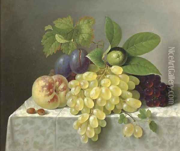 Still life with grapes, a peach and a lime Oil Painting - Friedrich Wilhelm Schon