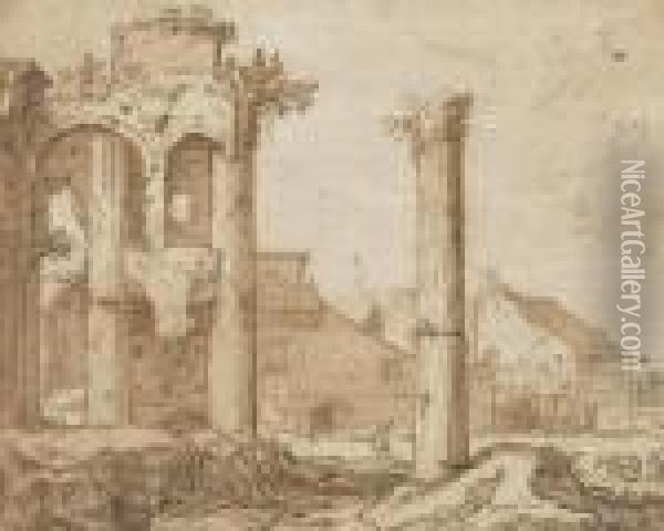 View Of The Forum Of Nerva From The Temple Of Minerva, Rome Oil Painting - Pieter Lastman