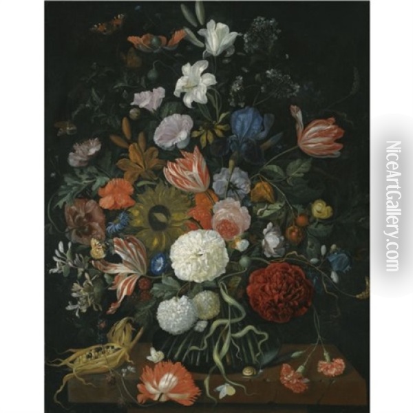 Still Life Of Flowers In A Vase On A Stone Ledge With A Corn Cob And A Snail Oil Painting - Jakobus Rootius