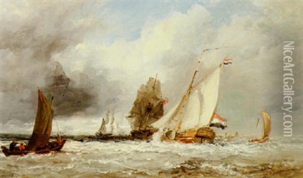 A Dutch Yacht Running Out To Sea Astern Of A Man-o-war Oil Painting - Edmund Thornton Crawford