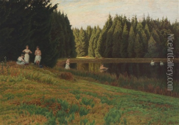Bathing Women At A Lake Oil Painting - Anton Thiele