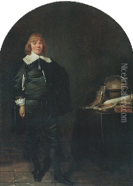 Portrait Of A Young Man Standing Next To A Table With A Globe And Manuscripts Oil Painting - Pieter Jacobs Codde