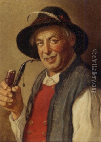 A Tyrolean Pipe Smoker Oil Painting - Ludwig Dominik Kohrl