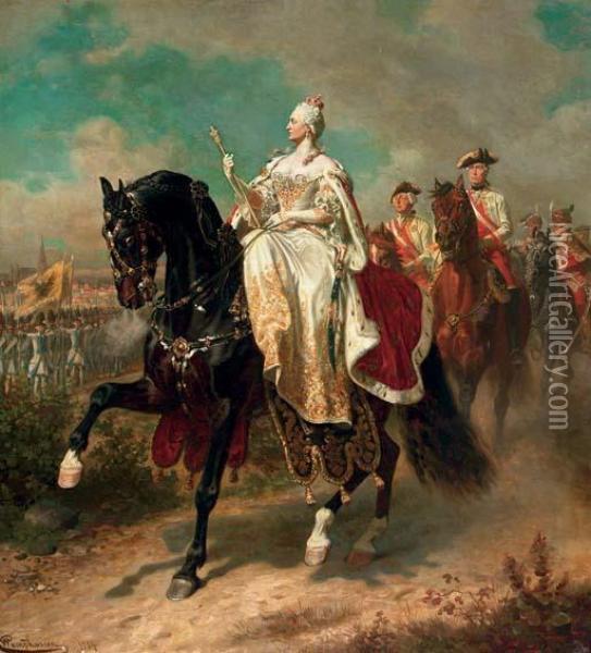 Empress Maria Theresia On Horseback Inspecting Austrian Troops Oil Painting - Wilhelm Camphausen