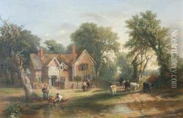 Packington, Warwickshire, 
Figures And Cattle Before A Red Brick House, A Stream To The Fore Oil Painting - Frederick Henry Henshaw