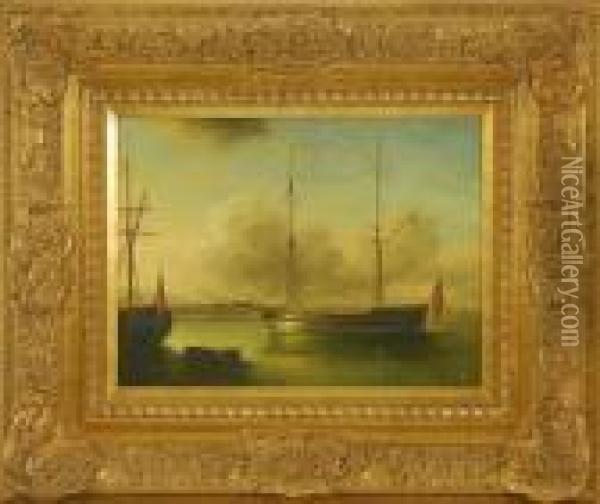 Ship Moored In A Harbor Oil Painting - James Hardy