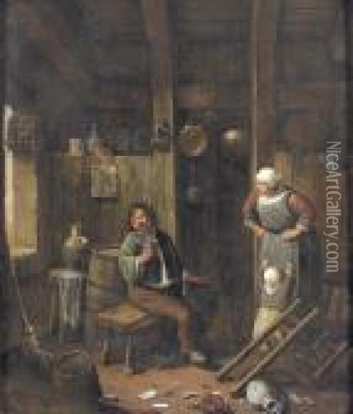 Trinkender Bauer. Oil Painting - Cornelis (Pietersz.) Bega