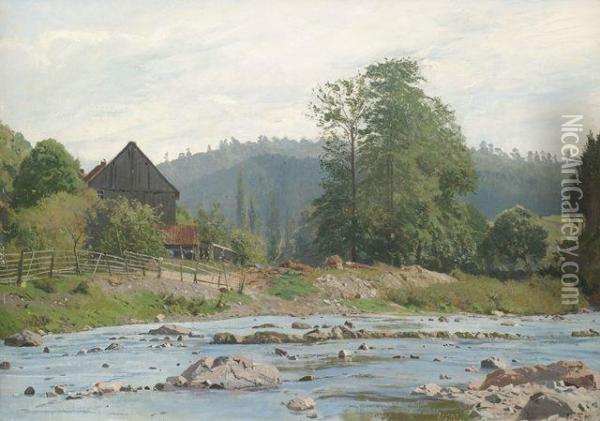 Bauernhaus Am Bachlauf In Bewaldeter Hugellandschaft Oil Painting - Otto Struttzel