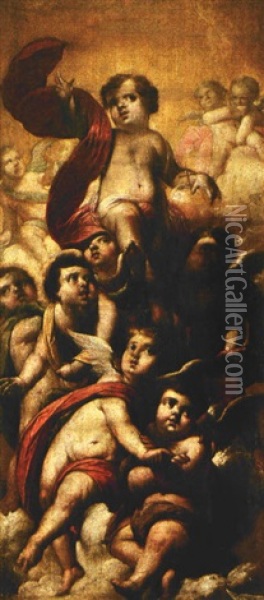 Nino Jesus Bendiciendo Rodeando De Angeles Oil Painting - Cornelis Schut III