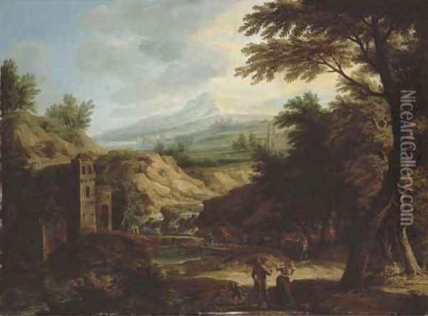 An Italianate extensive river landscape with travellers on a path by a fortified tower Oil Painting - Jacob Christoph Weyermann