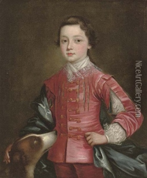 Portrait Of A Boy In A Red Slashed Doublet With A Blue Mantle, A Spaniel At His Side Oil Painting - Thomas Bardwell