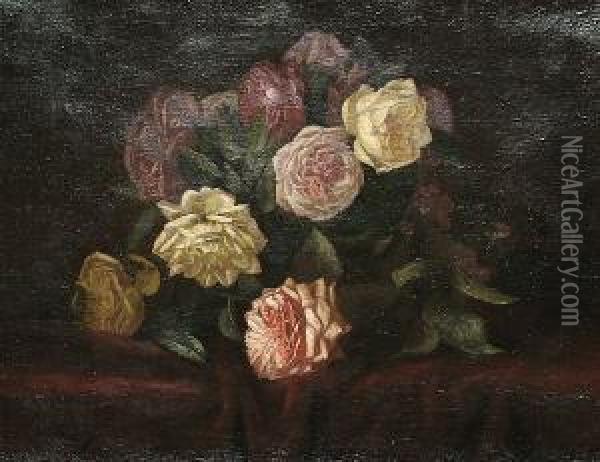 A Still Life Of Pink And Yellow Roses On A Red Velvet Cloth Oil Painting - Antoine Gadan
